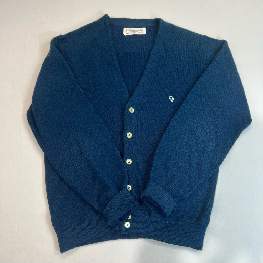 Vintage 70's Christian Dior Monsieur Blue Cardigan Size Medium‎ 6 Button USA Tag